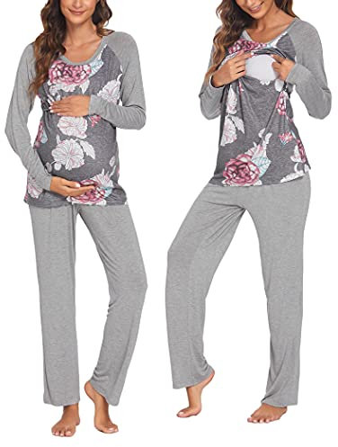 Ekouaer Pyjama d'allaitement pour Femme pour hôpital Manches Longues Modal de Grossesse Ensemble Pyjama 2 pièces Fleurs Gris L