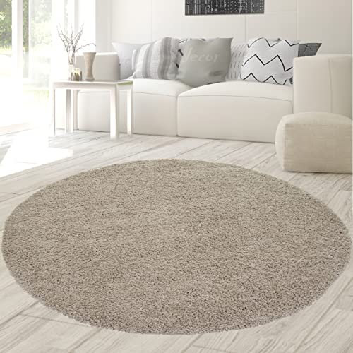 Teppich-Traum kreisförmiger Flauschiger Shaggy Teppich | pflegeleicht & strapazierfähig | in beige, Größe 120 cm rund