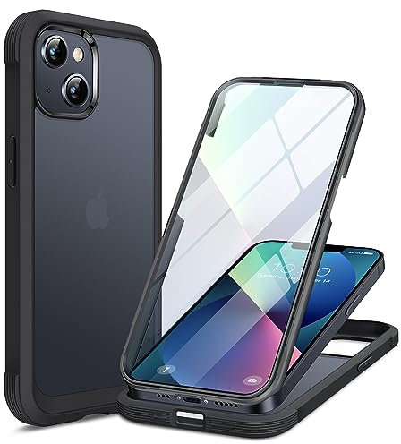 Miracase Compatible with iPhone 13 Case 6.1inch, [Built-in Glass Screen Protector] Full Body Rubber Bumper Clear Back Case Cover (Matte Black)