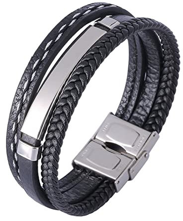 BCughia Männer Armband, Armbänder Teenager Stahl Edelstahl 3 Lagiges Leder Freundschaft Schmuck Geschenk für Männer 18.5cm