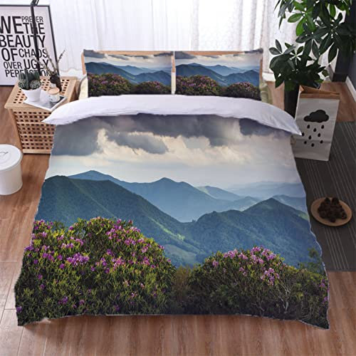 Bettbezug 200X200 Mikrofaser Mit Reißverschluss Und 2 Kissenbezüge 3 Teilig 3D Waldblumen Landschaft Druck Muster Biber Bettwäsche Teenager Superweiches Bettbezüge