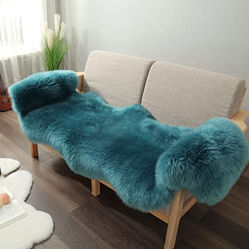 IRIWOOL Premium Echtfell-Teppich aus echtem australischem Schaffell, natürliches, luxuriöses flauschiges Lammfell, Sitzbezüge für Kinderzimmer, Sofa, Stuhlbezug (dunkler Aquamarin, Doppel-Fell/0,6 x