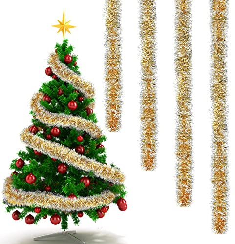 Ghirlanda Albero di Natale, 3 Pezzi 2M Ghirlanda di Orpelli Natalizi, Festoni Natalizi, Ghirlanda di Natale Tinsel, Ghirlanda Natalizia per Albero di Natale per Interni e Esterni (Oro, Argento)