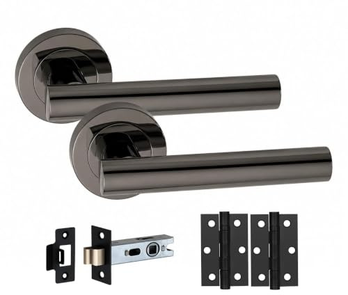 Golden Grace 1 Set Metalic Black T-Bar Door Handle on Rose with Matt Black Ball BearingHinges and 64mm Tubular Latch Set (1 Set)