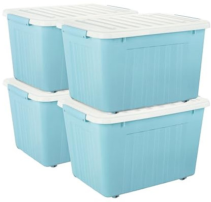Cetomo 80L*4 Storage Boxes with Wheels, Plastic Storage Box with Lid, Latching Buckles, Click Closure, Stackable, Nesting, Durable Organizer for Home Office Clothes, Blue, 80L-4 Pack
