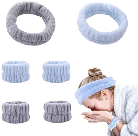 Yolistar Gesicht Stirnband Handgelenk Waschbänder Set, 6 StückAbschminkband Handgelenk Waschband Frauen,Gesicht Wasch Armbänder Haarband Elastisches Stirnband,für Frauen Duschen Waschen,Grau,Hellblau