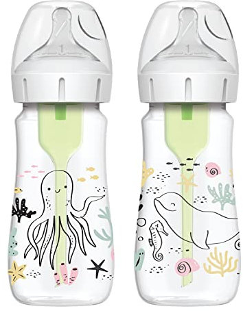 Dr Brown's Anti-Colic Options+ Wide-Neck Baby Bottle, 9oz/270ml, 2-Pack - Ocean Design