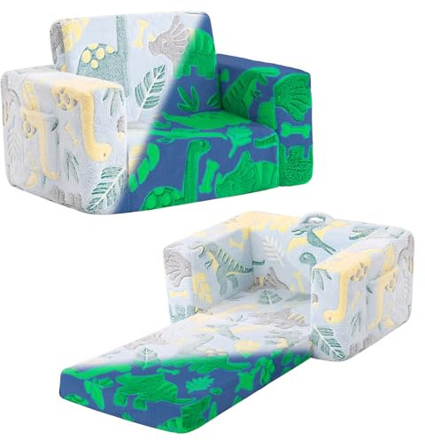 Tiita Kindersofa, 2-in-1-Kindersofa, umwandelbar Chirldren Couch zum Liegestuhl, Flip Out Kindersofa Stuhl, Glow in The Dark Kleinkind Armlehne Stuhl Bett für Mädchen oder Jungen, grau Dinosaurier