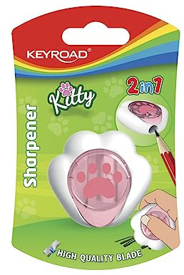 KEYROAD Anspitzer KITTY CAT mit einem Behälter / 1 Stück/Multifunktional/aus Kunststoff/Klingen aus Stahl/von Bleistiften und Buntstiften/Blister - Mischfarben
