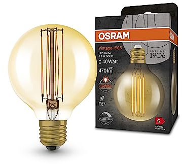 OSRAM Vintage 1906 LED-Lampe mit Gold-Tönung, 5,8W, 470lm, Kugel-Form mit 80mm Durchmesser & E27-Sockel, warmweiße Lichtfarbe, gerades Filament, dimmbar, bis zu 15.000 Stunden Lebensdauer