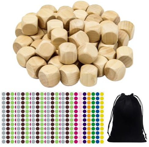 Neikafan 50 Stücke Holzwürfel Blanko Würfel 20mm DIY Leere Würfel Unlackiertes HolzWürfel mit Schwarzem Säckchen und Kordelzug Farbe Punktaufkleber für Kunsthandwerk,Rätsel,Holzwürfel Spiele