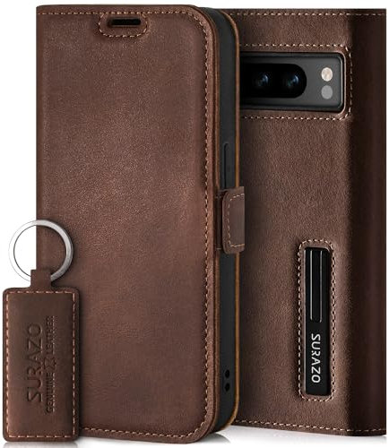 SURAZO Slim Magnet Handyhülle für Google Pixel 8 Pro Hülle Leder – Klappbar Echtleder Schutzhülle [mit Kartenfach, RFID Schutz] Flip Klapphülle Wallet Case Cover Lederhülle (Nussbraun)