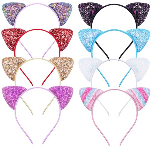 EUDUQ Katzenohren Haarreif Set,8 Stück Glitzer Katze Haar Hoops Metall katzenohren Stirnband Pailletten Cat Ears Stirnbänder Mädchen Haarschmuck Für Geburtstagsparty Cosplay