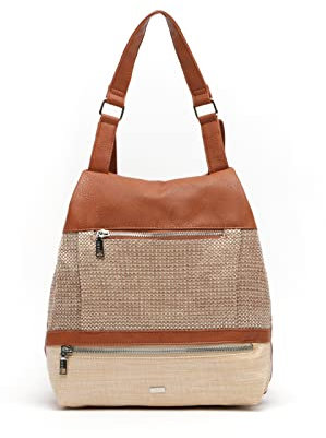 MISAKO Zula Anti-Diebstahl-Rucksack mit Raffiabast-Effekt - Modischer lässiger Rucksack aus Bast - Frühling Sommer Mode Zula Beige 30 X 28 X 11 cm