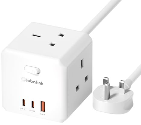 GlobaLink Cube Extension Lead, Gan 65W Power Strip with 3 AC, 2 USB C, 1 USB A Slots, 6 in 1 Desktop Power Extension Socket with 1.5M Extension Cords for MacBook iPad iPhone Home Office Travel