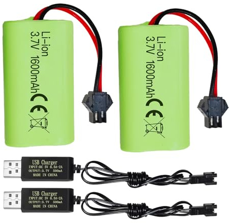 ZYGY 2PCS 3.7V 1600mah Li-ion Battery SM-2P Plug with USB Charging Cable Suitable for 9962 8837 RC Toy Car Battery RC Car Engineer Truck Battery