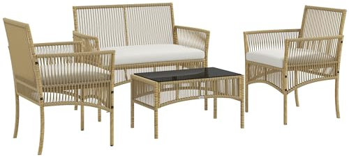 Outsunny Salon de Jardin extérieur 4 pièces canapé 2 Places + 2 fauteuils + 1 Table Basse Plateau Verre trempé Noir 3 Coussins d'assise - métal et résine tressée - Beige