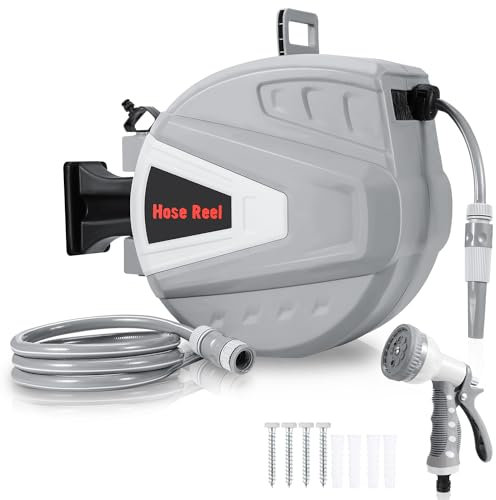 Herrselsam Schlauchtrommel Wasser 30m Automatische Schlauchaufroller Inkl. Multi-Handbrause Schlauchtrommel mit Wandhalterung 180° Schwenkbar Gartenschlauch