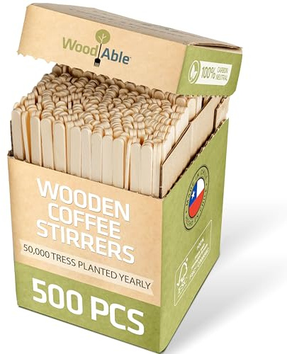 WOODABLE 5.5 Inch Wooden Coffee Stirrers, 500 Count, Disposable & Compostable Wood Coffee Stick Stirrers | Eco-Friendly, Sustainable, Organic, Biodegradable, Vegan-Friendly Coffee Station Supplies