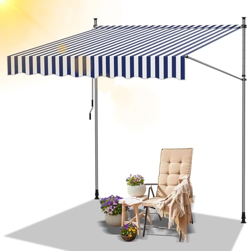 Daromigo Klemmmarkise 250cm Breit, Balkonmarkise ohne Bohren Markise mit Handkurbel, Höhenverstellbar, UV-beständig, Wasserdicht & Sonnenschutz, Einfache Montage, Blau Weiß