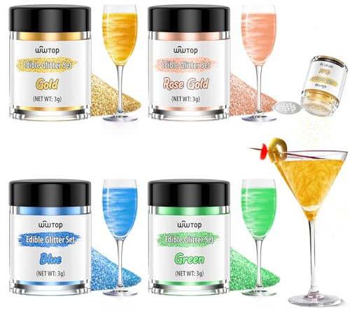 Wwtop Essbarer Glitzer für Getränke, 4 Farben Glitzerpulver Set, Gold Roségold Blau Grün Lebensmittel Glitzer für Getränke, Geschmacklos Essbarer Goldpulver für Cocktails, Likör, Kuchen, Fondant(3g)