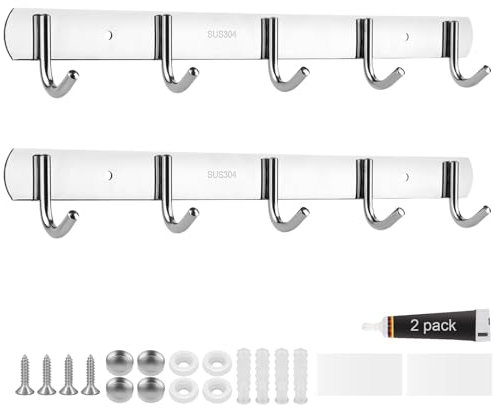Porte Manteau Mural, 5 Crochets- Patères Métal pour la Maison en Acier Inoxydable 304,2 PCS Patere Porte Serviette Salle de Bain, Forte Capacité de Charge, Anticorrosion Antirouille, Montage sans Trou