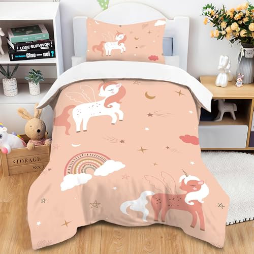 HOMHOMHA Einhorn-Bettbezug 140 x 200 cm, Kinderstil, Einhorn-Rosa, Einzelbettwäsche-Set, Kissenbezug 65 x 65 cm, Mikrofaser-Material