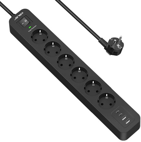 JSVER Steckdosenleiste Überspannungsschutz,Mehrfachsteckdose(3680W 16A) mit 6 Fach,2 USB A und 2 USB C Verteilersteckdose mit Schalter, Wandmontage Verlängerungskabel für Zuhause Büro, 2M-Schwarz