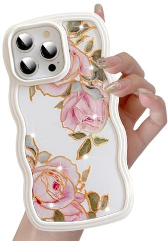 UEEBAI for iPhone 15 Pro Max Case, Floral Wave Frame Cute Curly Anti-slip Flower Case with Aesthetic Pattern, TPU Slim Bumper Shockproof Protective Cover for Women Girls - Pink Rose