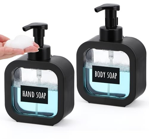 Segbeauty Seifenspender Schwarz, 2 Stück 500ml Seifenspender Schaum, Schaumspender Plastik, Handseifenspender Abnehmbar, Pumpflasche mit Etiketten für Küche, Bad