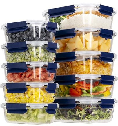 HOUSZY Glass Food Containers with Lids–Set of 10 Borosilicate Glass Meal Prep Containers with Snap-Lock Lids–Airtight, Leakproof, Microwave, Oven & Freezer Safe– 370ml & 1050ml (Blue)