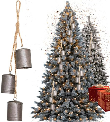Weihnachtsglocken Silber 12 Zoll Vintage 3 Glocken rustikale Kuhglocken mit Jute Hanging Seil Metall Weihnachtsbaum Hängeglocke für Türgartenkränze Heimdekoration