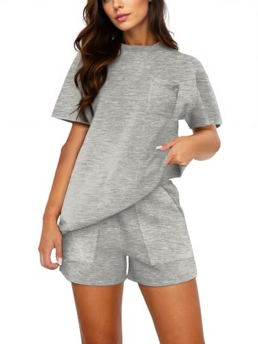 Wayleb Completo Donna Estivo Elegante, T-Shirt e Shorts con Tasche per Casa e Tempo Libero, Grigio XXL