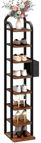 cointwo 8 Tier Shoe Rack, Narrow Vertical Shoe Shelves, Slim Shoe Stand for Closet, Entryway, Shoe Storage for Small Spaces, Free Standing, Adjustable, with 3 Hooks, Rustic Brown