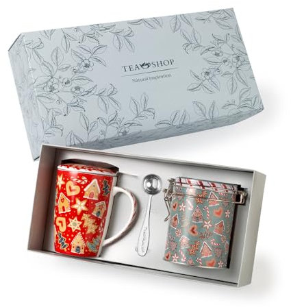 TEA SHOP - Pack Taza de porcelana con Filtro y Tapa + Lata y Cuchara medidora - Set Tea Time Jumbo Gingerbread - Perfecto para Regalo