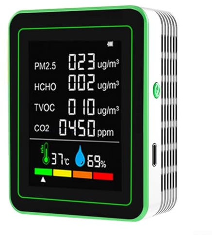 MeevrgR Multifunktionaler Luftqualitätstester, 6-in-1-Kohlendioxid-Detektor mit farbigem LED-Bildschirm, genaue Messung für PM2,5 HCHO-TVOC-Temperaturfeuchtigkeit (weiß)