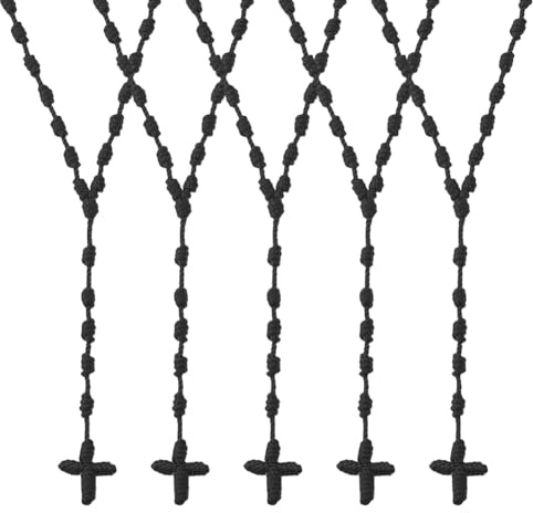 DICOSMETIC 5 Stück Schwarze Handgemachte Geknotete Halskette Geknotete Rosenkranzhalsketten 29.13 Zoll/74cm Kordel Rosenkranzhalskette Nylonkordel Kreuz Nylonrosenkranzperlenpackung Für Ostergeschenk