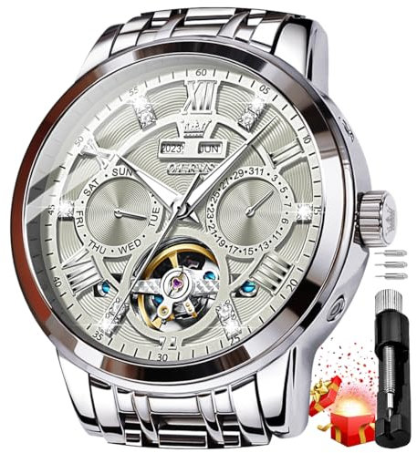 OLEVS Herren Automatikuhr Diamanten Tourbillon Skelett Luxus Edelstahl-Armbanduhr mit Kalender, 30M wasserdicht Leuchtzeigern Mechanische Selbstaufzugsuhr für Business/Abendmode im Geschenkbox