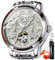 OLEVS Herren Automatikuhr Diamanten Tourbillon Skelett Luxus Edelstahl-Armbanduhr mit Kalender, 30M wasserdicht Leuchtzeigern Mechanische Selbstaufzugsuhr für Business/Abendmode im Geschenkbox