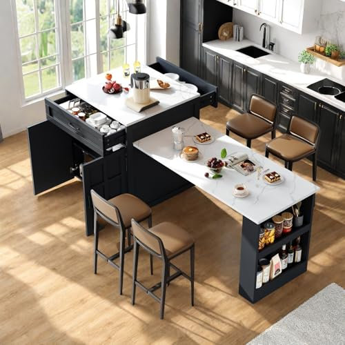 Zepneiy Table a Manger Extensible avec Espace de Rangement, Desserte Cuisine avec Deux tiroirs et Quatre Compartiments, Table Extensible pour îlot de Cuisine Noir (133-202 × 70 × 93,5 cm)
