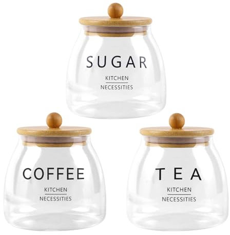 Hafuvool Tea Coffee and Sugar Canisters Set, Set of 3 650ml Airtight Glass Storage Jars with Bamboo Lids Easy to Open Tea Coffee Sugar Jars Kitchen Canisters