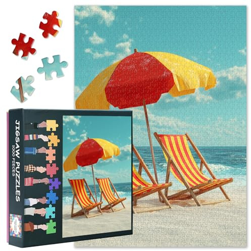 1000 Piece Jigsaw Puzzle for Adults, Jigsaw Puzzles 1000 Pieces for Adults - Tropical Sea Beach with Colorful Chairs & Vacation Scene, Premium Adult Puzzles, Finished Size 27.5x19.7 in