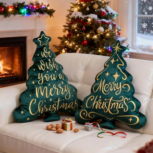 Lanpn 2 Stück Weihnachtsbaum Kissen Weihnachtskissen, Frohe Weihnachten Weihnachts Kissen Dekokissen Zierkissen für Geschenk Party Bett Sofa Couch Weihnachtsdeko (Grün, 41x53cm)
