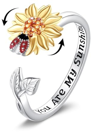 DAYLINLOVE Sonnenblumen-Fidget-Ring, 925er-Sterlingsilber, Marienkäfer-Spinner-Ring, You Are My Sunshine, Stressabbau, verstellbar, Angstzustände, Geburtstagsschmuck, Muttergeschenke für Frauen