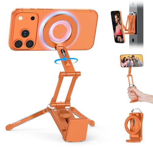 OMOTON TP02 Aluminium Magnetisches Handy Stativ, für Vlog Reise Gym, Orange | 158g, 360° Drehbar, N52 Magnete, C-Klemme & Magnetische Rückseite, Handyhalterung für iPhone 17/16/15/14 Pro Max Air