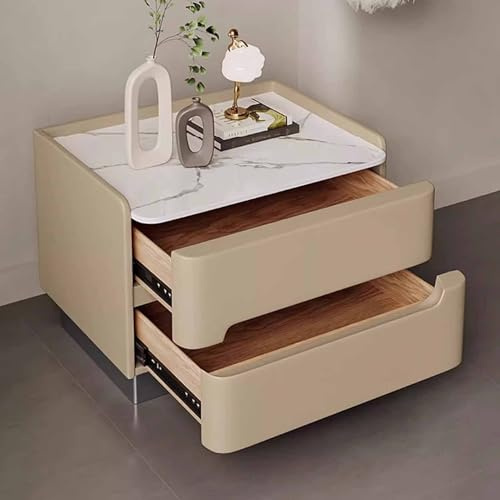 KaBuea Platzsparender Kleiner Nachttisch aus Massivholz mit 2 Schubladen, Steinplatten-Tischplatte, Kratzfeste Oberfläche aus Kunstleder, Keine Montage erforderlich(50cm)