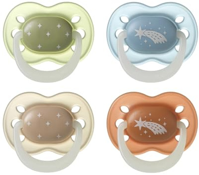 Tommee Tippee Ciuccio NightGlow, 0-6 mesi, confezione da 4, si illumina al buio, tettarella ortodontica, fori di aerazione aggiuntivi, in silicone privo di BPA, colori che richiamano il crepuscole
