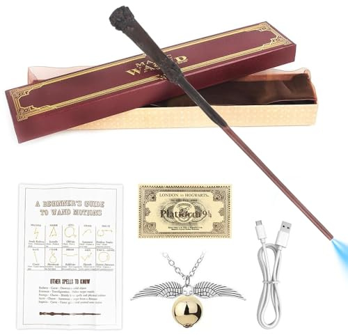 Hojalis Baguette Harry Lumineuse, 35CM Baguette Magique Harry avec Noyau Acier, Réplique De Baguette en Résine, USB BaguetteHarry Boîte Cadeau vec Carte de Sort, Ticket de Station et Collier