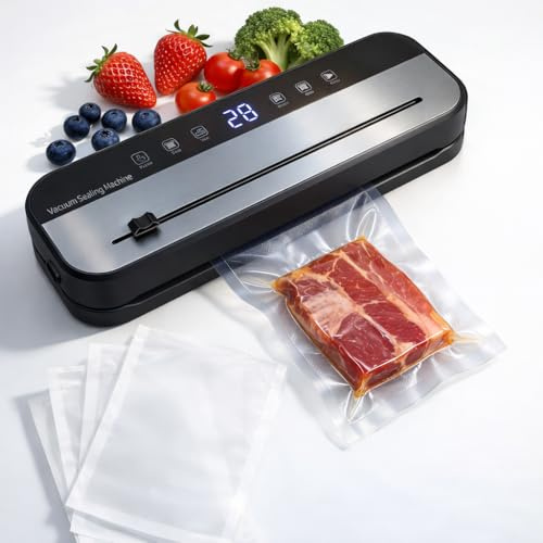 Vakuumiergerät 5 in 1, 125W Vakuumierer für Lebensmittel, Folienschweißgerät mit kontinuierlicher Hochgeschwindigkeit, Trocken & Nass Modus, inkl. 10 Vakuumierbeutel und Schlauch