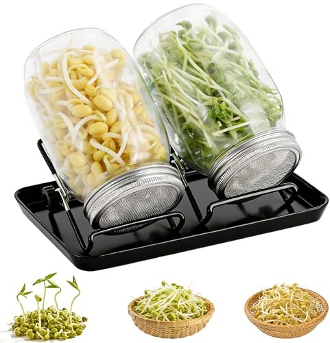 HuaCommerce Sprossenglas 2er Set mit 1000ml Gläsern, Edelstahl 304 Siebdeckel & Schale – Brokkoli, Kresse & Co. selbst ziehen – Umweltfreundliches Keimglas für gesunde Heimkeimung, inkl. Ständer